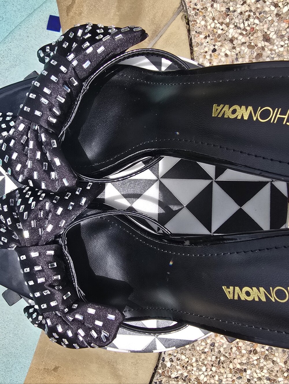 Fashion Nova Black Bow Slide Heels with Crystal Studs - Picture 5 of 5